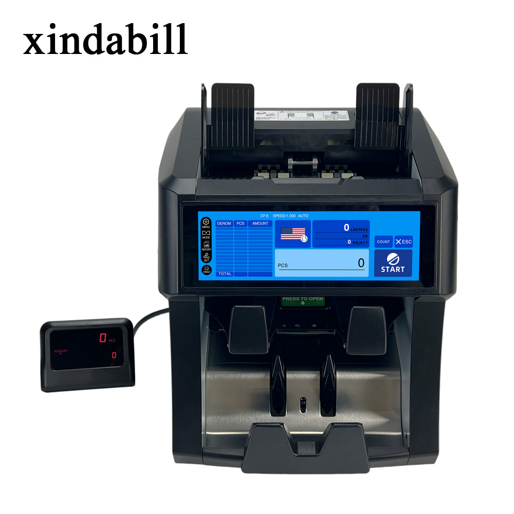 450q 2 Cis Full Touch Screen Money Counting Machine Two Pockets Banknote Cash Bill Sorter Mixed Value Counter Machines